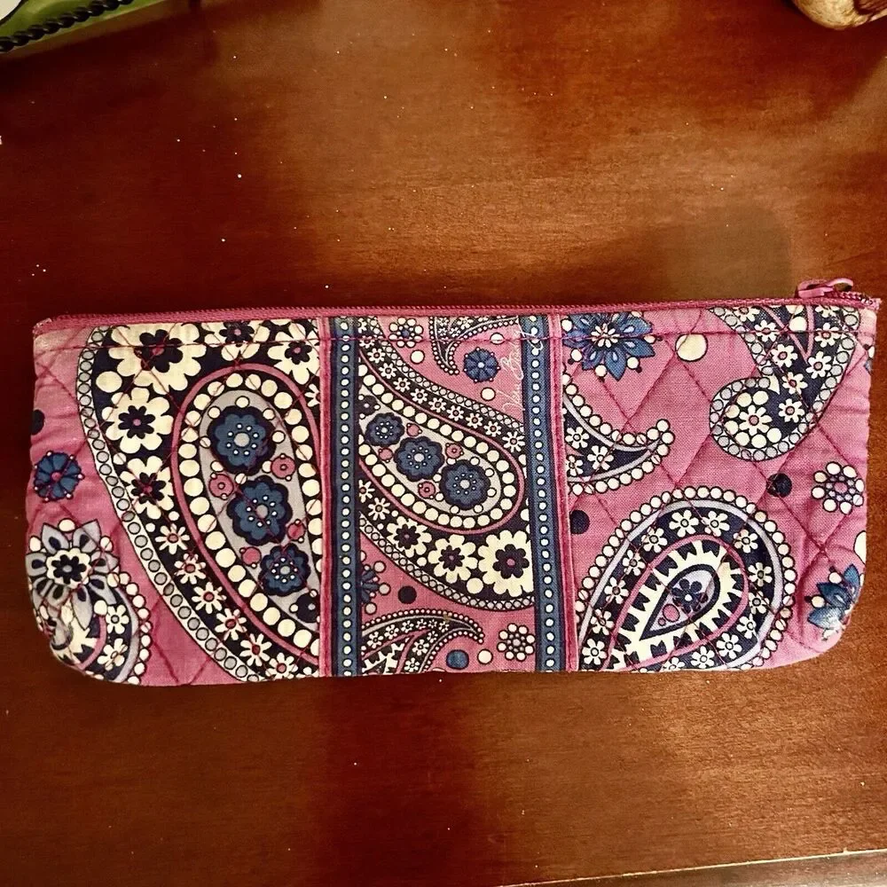 Vera Bradley Boysenberry Paisley Fuchsia Blue White Pencil Bag Case 12 inch